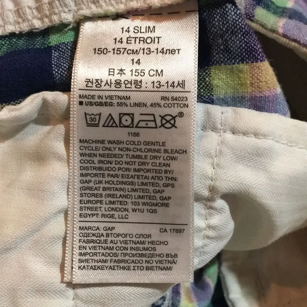 Gap Kids Linen Flat Front Plaid Shorts Sz 14Slim